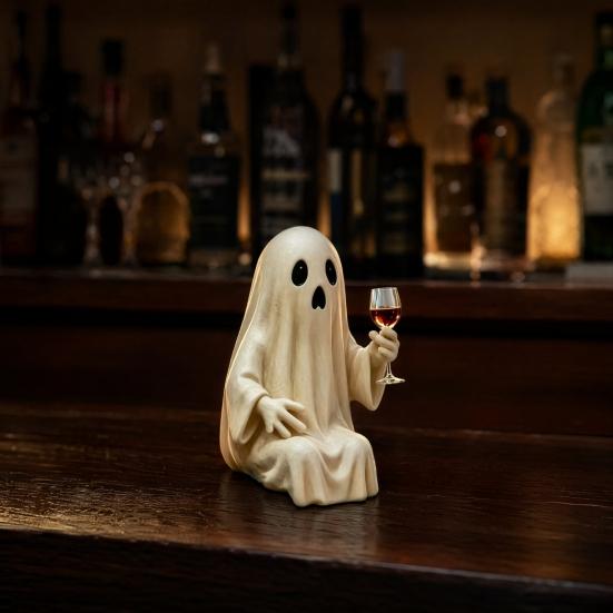 Lazy Ghost Figurine Halloween Skeleton Figurine, Spooky Drunk Holding Wine Glass Resin Sculpture, Gothic Desk Ornament Decor for Bar Bookshelf,
