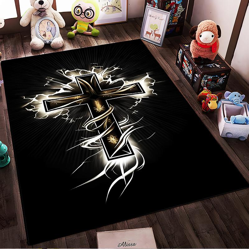Glowing Cross with Lightning Design Rug - Non-slip rug suitable for living room and bedroom sofas.