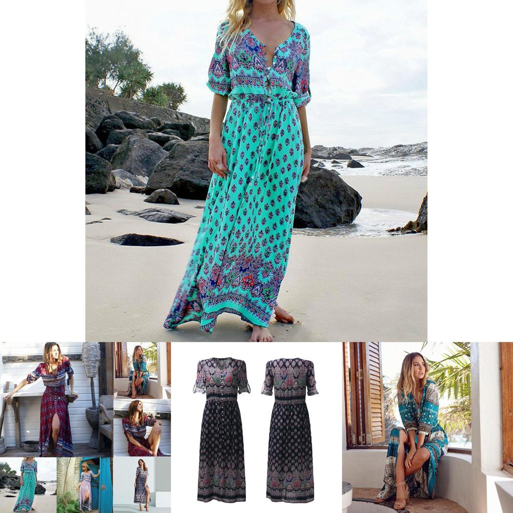 Elegantes Damen Boho V-Ausschnitt Langes Maxikleid Mit 3/4 Ärmel Für Party Und Abendveranstaltungen