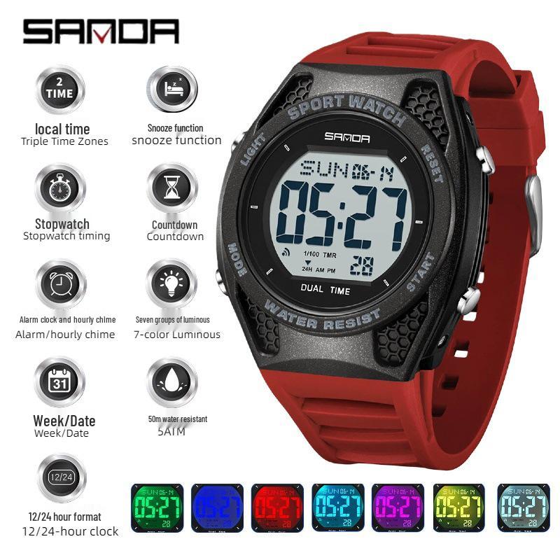 Sanda Multi-Function Waterproof Sport Watch with Alarm & Seven-Color Luminous Display