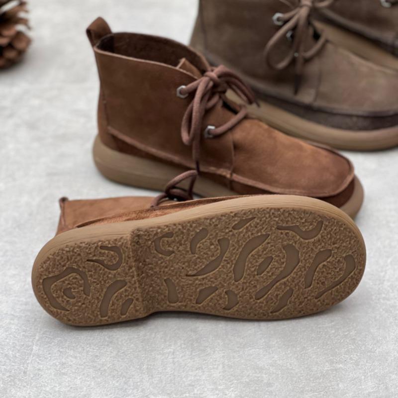 Women's Genuine Leather Ankle Boots Plush Fur Warm Winter Ladies Flat Shoes British Style Lace-Up Round Toe Women Short Boots