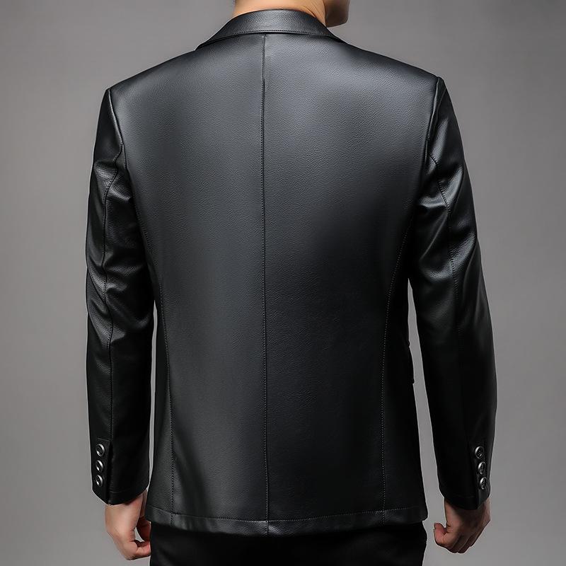 Nová kožená bunda pro muže na podzim a zimu, měkká kožená bunda s límečkem, střední a mladá pánská ležérní kožená bunda na dva knoflíky