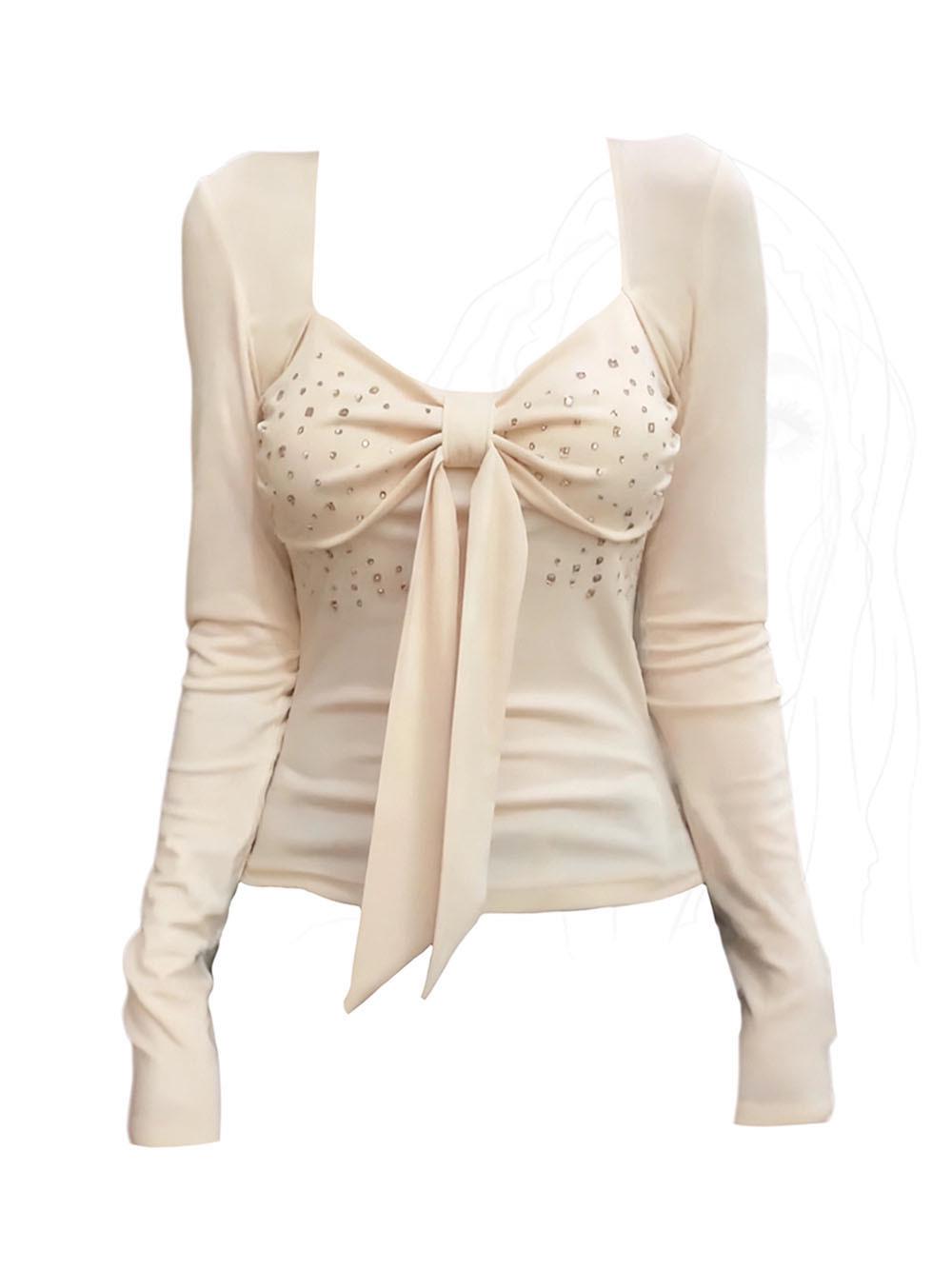 Plus Size Rhinestone Bow Long Sleeve Slim Fit Lace-Up T-shirt for Women L абрикосовый