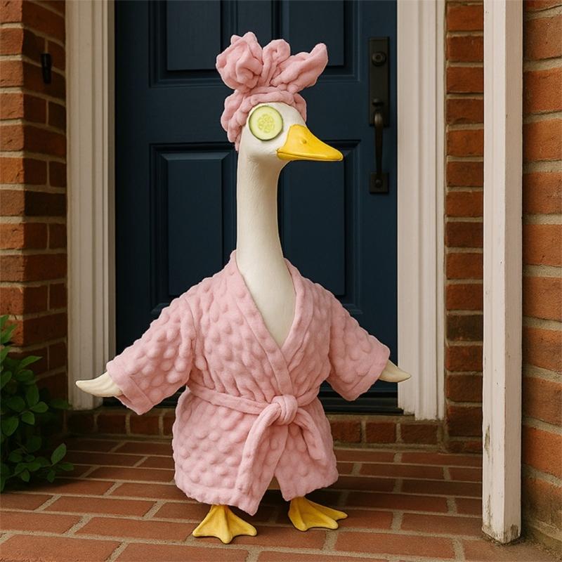 3Pcs Porch Outfit Statue Clothes Plush Pink Bathrobe with Spa Headwrap Cucumber Eyes Funny Outdoor Decoration