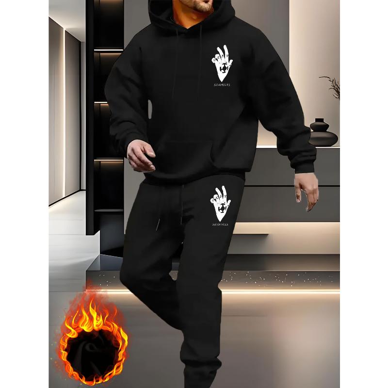 Men s Polyester Hoodie and Pants Set Soft Fleece Lined Warm Elastic Waist Fall Winter Casual Lounge Outfit L чёрный