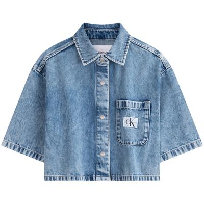 Vintage Classic Label Patch Pocket Short Sleeve Denim Shirt Women Shirts Light-Blue J223959
