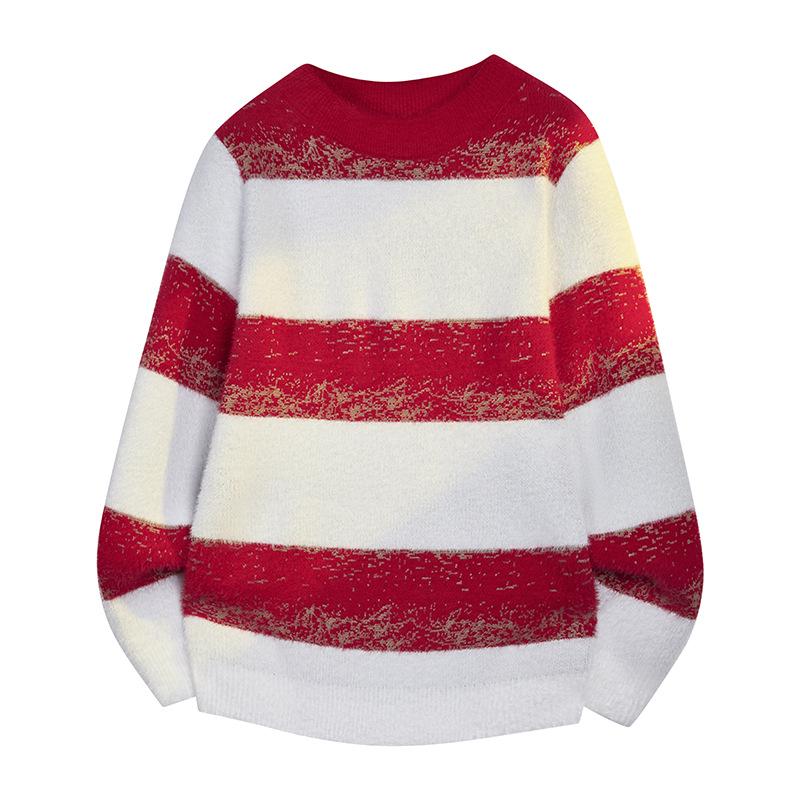 Men s Round Neck Color Block Stripe Loose Knitwear Pullover L