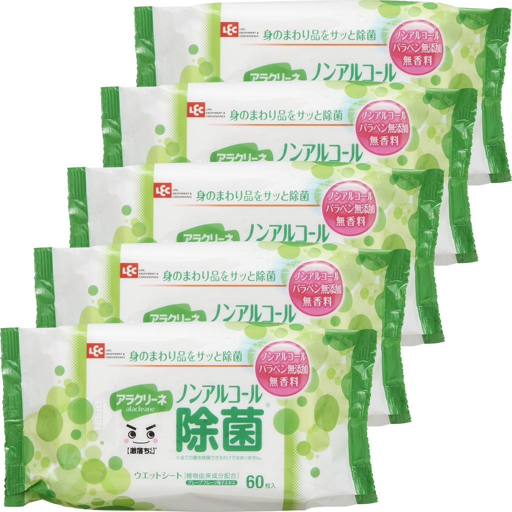 LEC Aracrine Disinfecting Wet 60 Sheets X 5 Packs Made In Japan Ingredients Non-Alcohol Wipes, [Gekiochikun] / / Plant-derived / Alcohol-free /