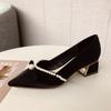 2025 spring new pointed thick heel high heels women's French pearl bow single shoes medium heel red wedding shoes
