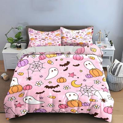 Halloween-Themed Pink Pattern Design 3-Piece Set Perfect For Halloween Decor,Exquisite 3-Piece Bedding Set Gift For Friends