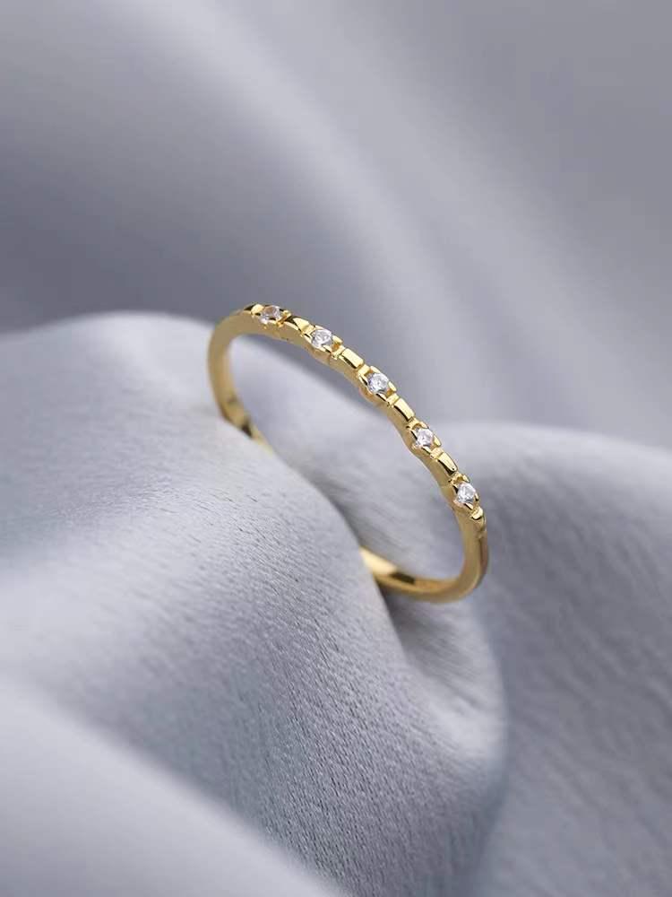 Anello Aperto in Argento Sterling S925 Placcato Oro 14K con Diamante per Donna - Elegante Anello alla Moda in Stile Coreano