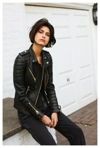 

Стеганая женская куртка Стильная Натуральная Мягкая Кожа Ягненка Мотоциклетная Байкерская 3XL чёрный