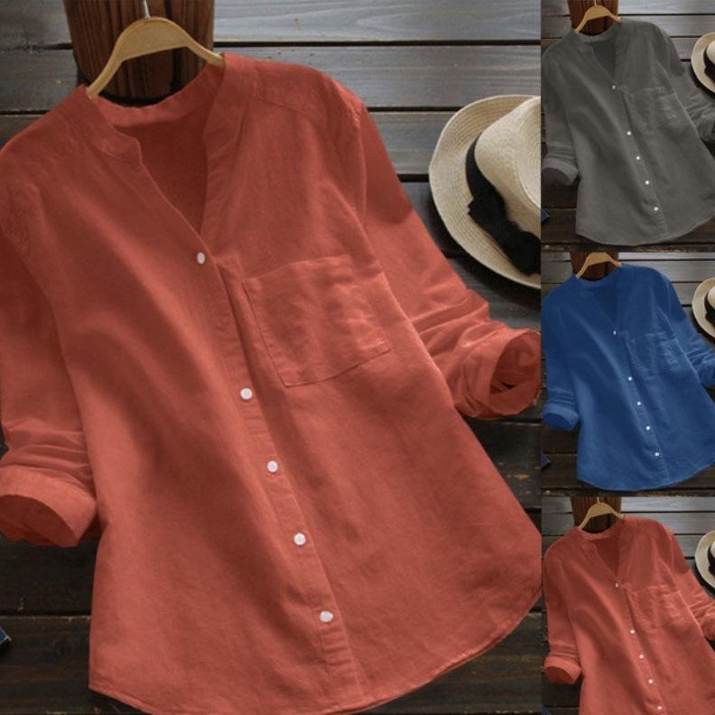 Women's Blouse Cotton and Linen Solid Color Long-sleeved Large Size Casual Loose Pocket Shirt