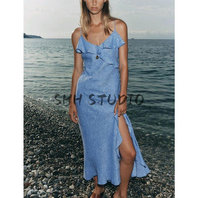 Summer New Product Women Clothes Holiday Style V-neck Linen Blend Laminated Decoration Sling Dress 7953757