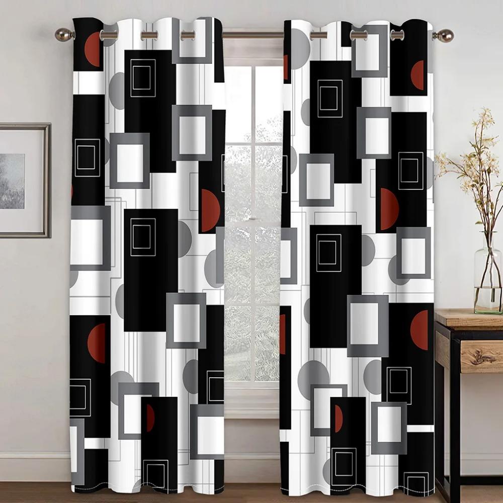 Black White Abstract Geometric Blocks Cube Red Curtains Suitable for Living Area Kids Bedchamber Bathroom Kicthen Door Home Decoration