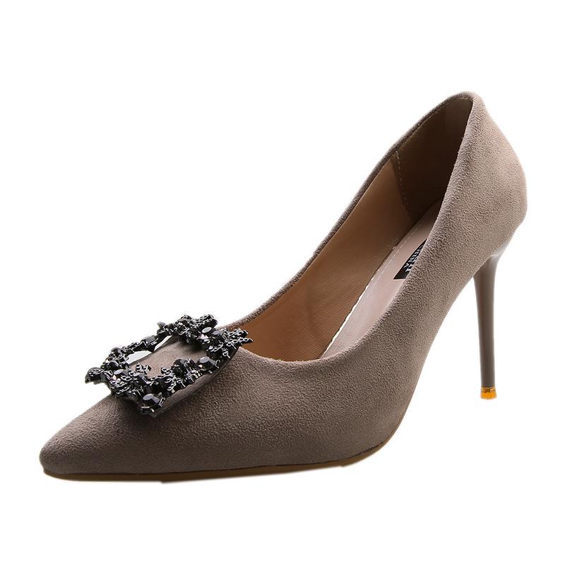 Rhinestone High Heels Women's New Professional Thin Heel Temperament Pointed Women's Shoes Metal Square Buckle Single Shoes
