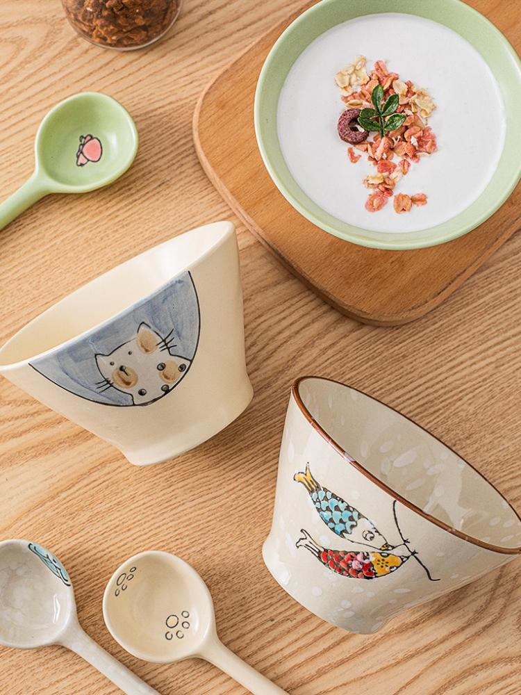 Japanese Hand Painted Ceramic Rice Bowl Cartoon Underglaze Bamboo Hat Design for Kids Meals Home Use Cute Gift Set