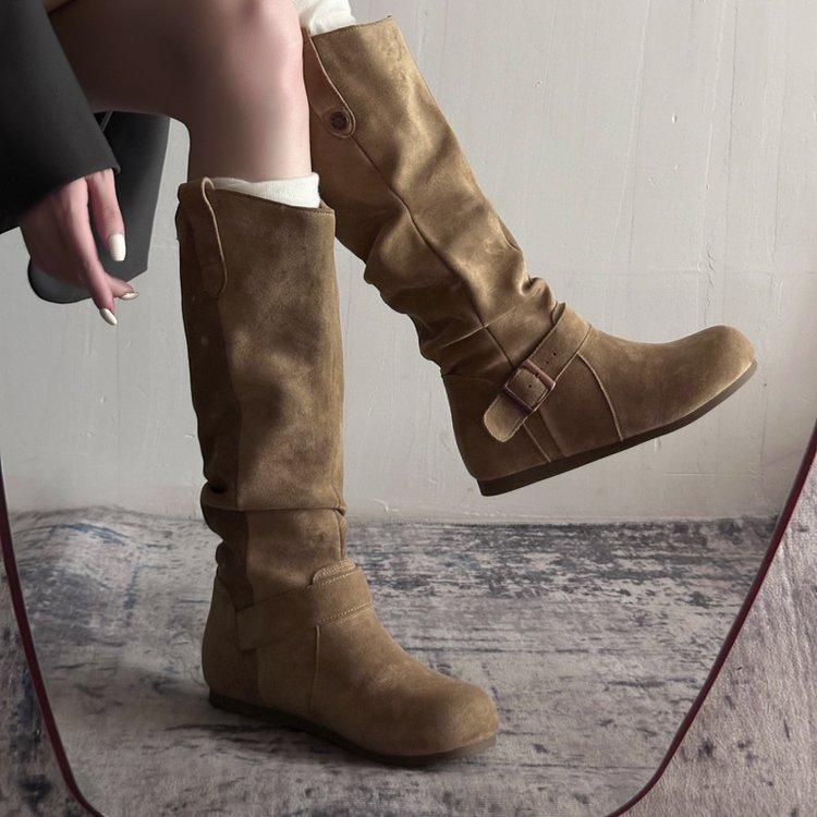 Retro Style Pleated Piled Boots Women's 2025 New Models But Knee Fashionable Versatile V-mouth Thin Inner Height-increasing Boots