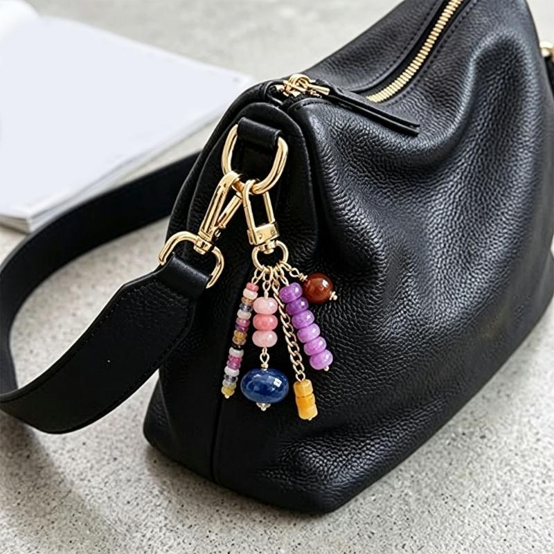 Decorative Beaded Keychain Charm with Gold Tone Clasp and Chain Detail, Bag Charm Key Ring Accessory for Daily Carry