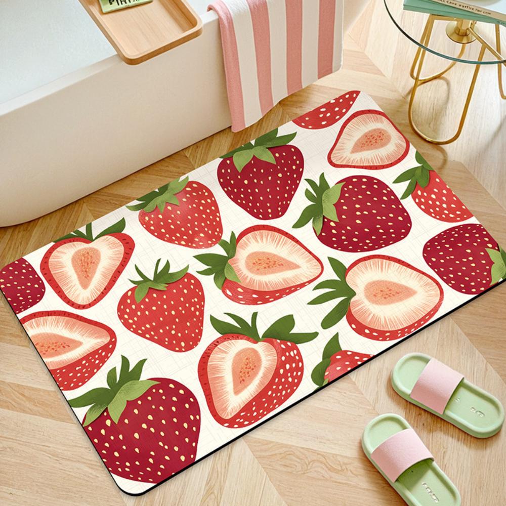 Cartoon Strawberry Cherry Fruits Pattern Diatom Mud Bathtub Mat Absorbent Non-slip Strawberry Bath Rug Modern Floor Mat 40x60CM