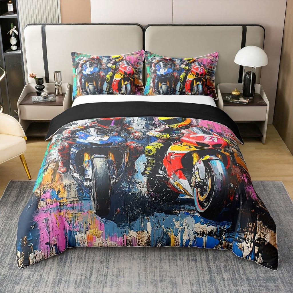 Motorcycle Duvet Cover Set for Boys Men Queen King Size Lightweight Down Room Decor 2 Pillowcases and 1 Duvet Cover No Comforter