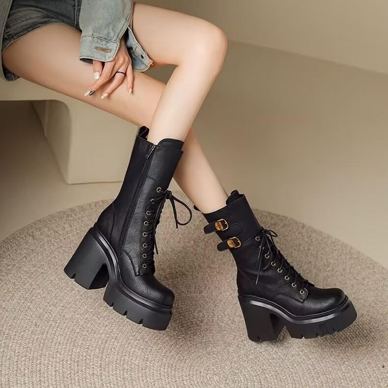 Women's Mid-calf Boots High Quality Leather Casual Boots Height Increase Platform Boots Lace Up Thick Heeled Booties Botas Mujer