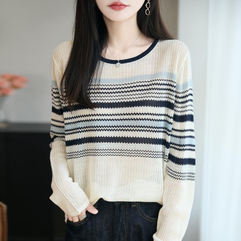 

Новый женский свитер с круглым вырезом, в полоску с цветовыми блоками и вырезами, и трикотажный базовый слой с длинными рукавами для осени и зимы One Size бежевый