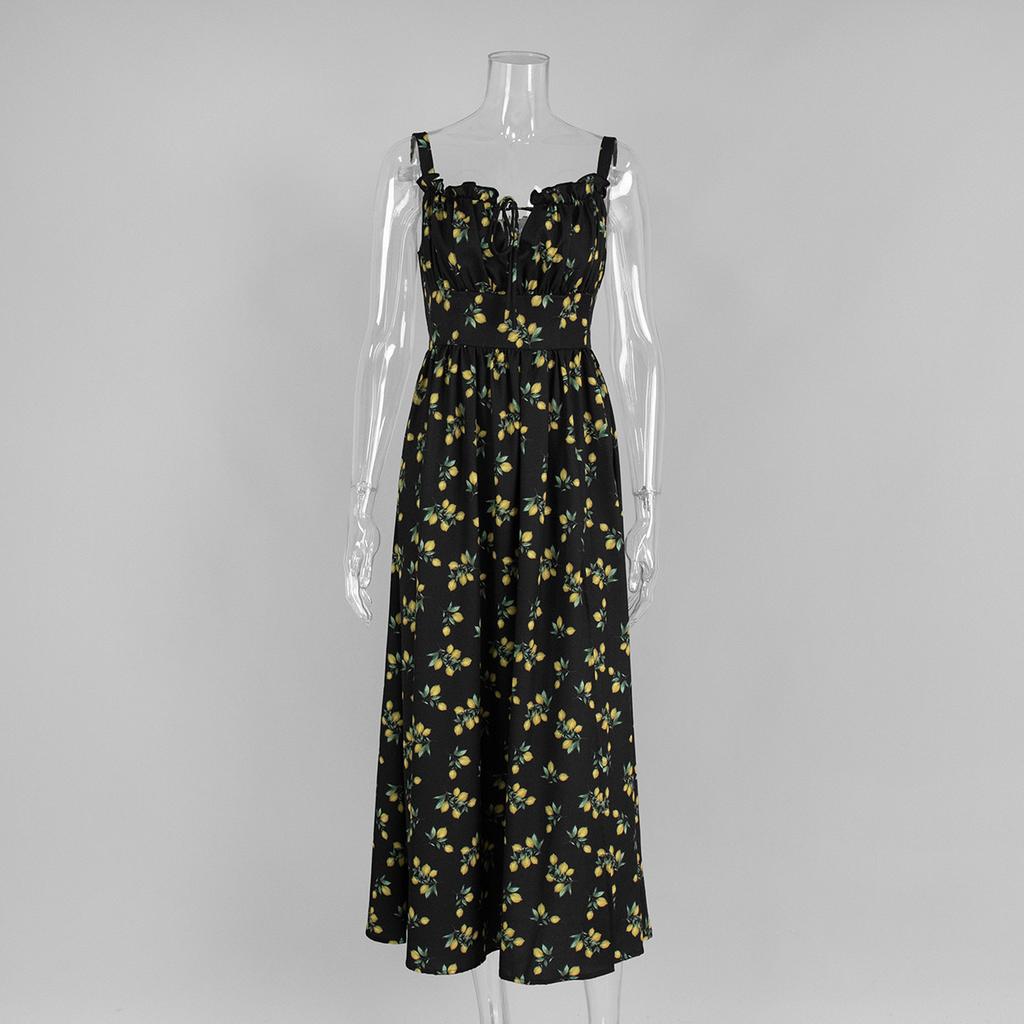 Květinové šaty na ramínka Evropské a Americké léto nové s nízkým výstřihem šněrovací s vysokým pasem rozdělené konce s vysokým pasem tištěné šaty