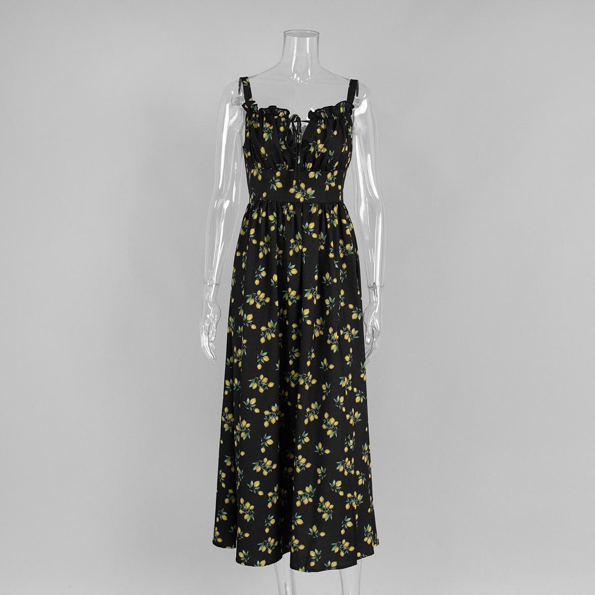 

Жіноча максі-сукня без рукавів з лимонним принтом, бічним розрізом та деталями зав язки хрест-навхрест спереду L чорний