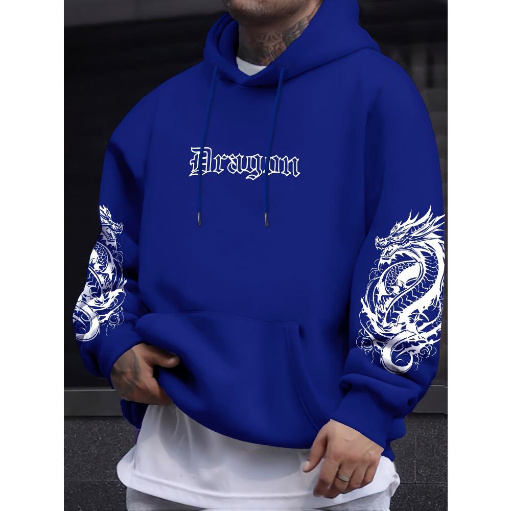 Dragon Element Print Pocket Hooded Sweatshirt Is Suitable for Daily Holiday Outdoor Wear, Autumn And Winter Thickened Men'S Print Hoodie