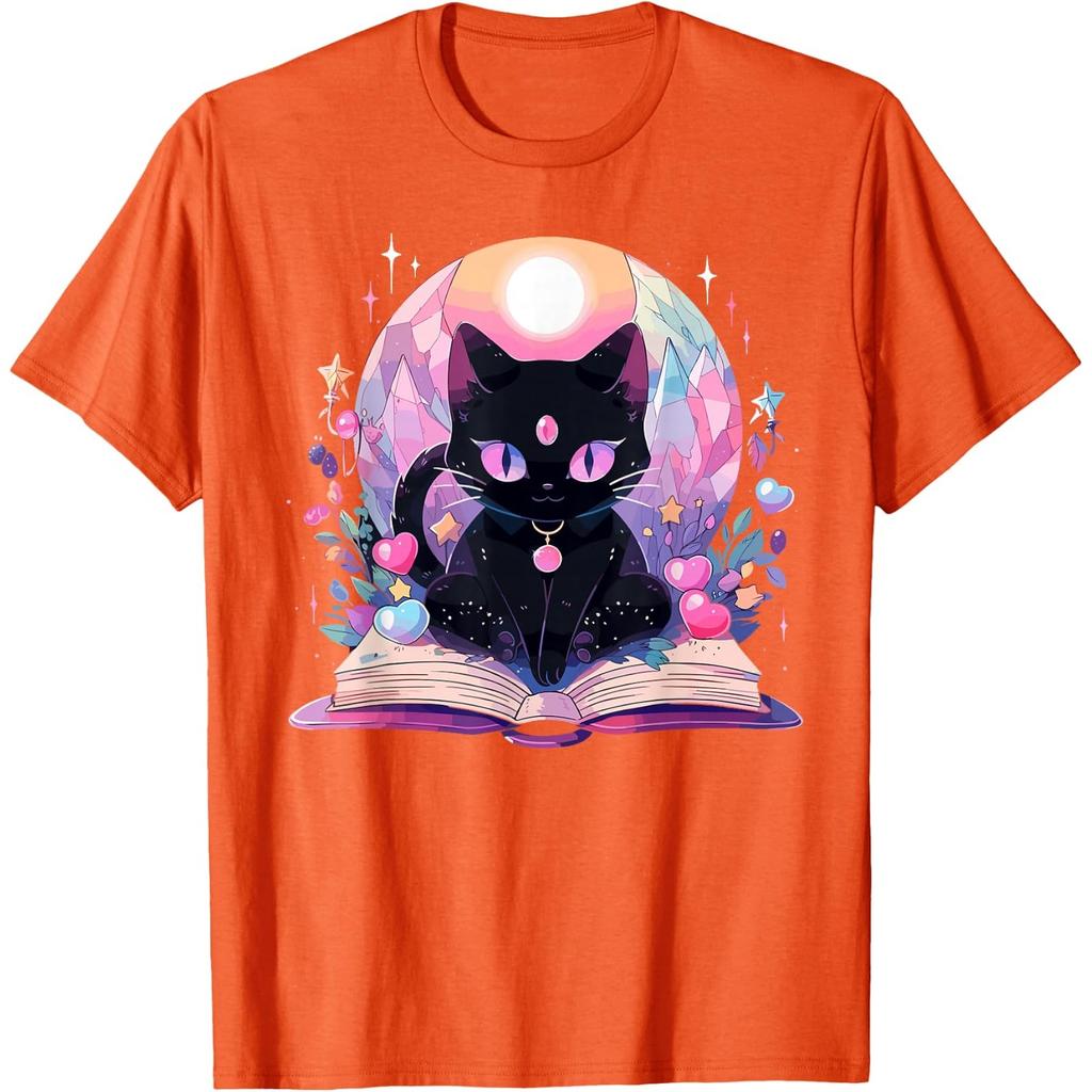 Book Lover Crystal Witchy Cute Black Cat Kawaii Pastel Goth T-Shirt