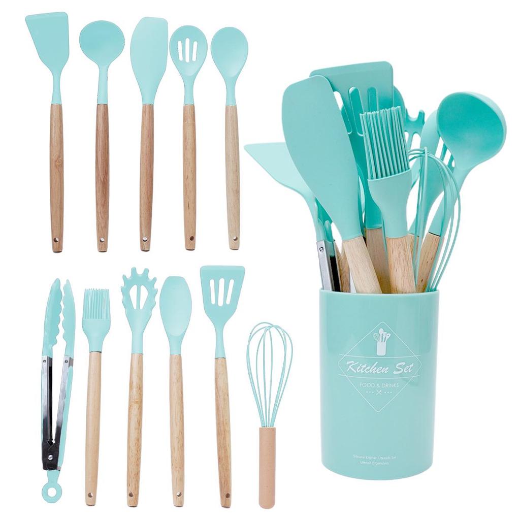14-Piece Wooden Handle Silicone Kitchen Utensil Set with Storage Bucket for Non-Stick Cookware