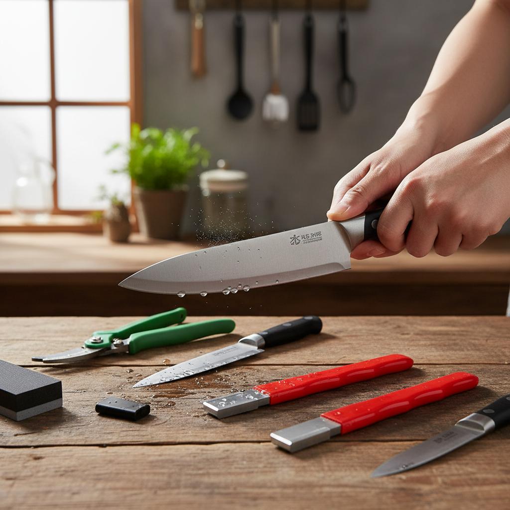 Portable Multi-Function Knife Sharpener For Kitchen And Garden Tools With Anti-Slip Handle Red серебряный