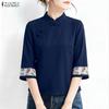 ZANZEA Women Print Splice 3/4 Sleeve Casual Stand Collar Loose Blouse