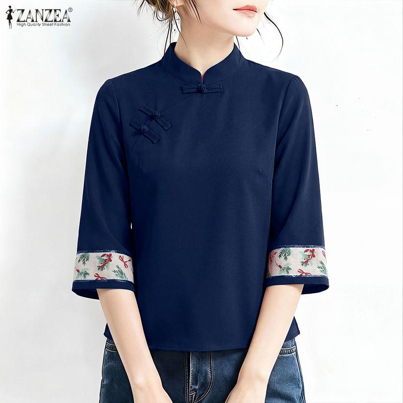 ZANZEA Women Print Splice 3/4 Sleeve Casual Stand Collar Loose Blouse