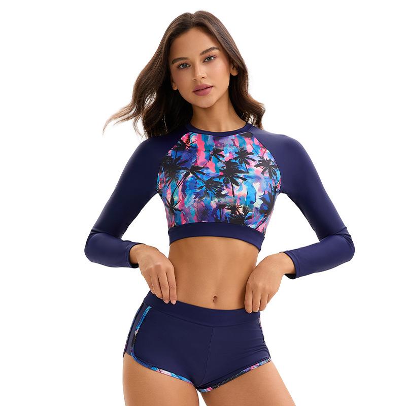 Split Swimsuit Russian Long Sleeve Sun-proof Printed High Waist Boxer Women's Surfer Suit Swimsuit