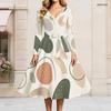 Women Plus Size V Neck Long Sleeve Abstract Printed Belted A Line Flared Midi Dress