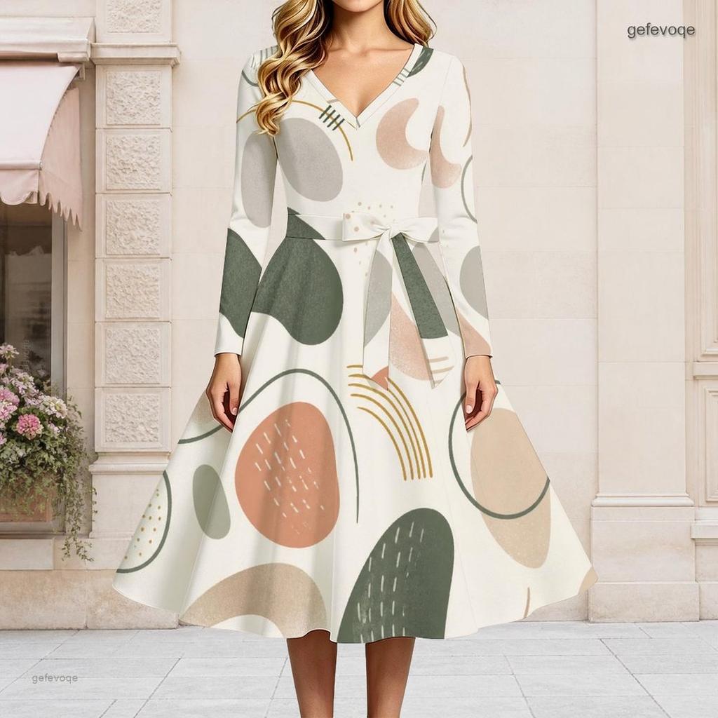 Women Plus Size V Neck Long Sleeve Abstract Printed Belted A Line Flared Midi Dress