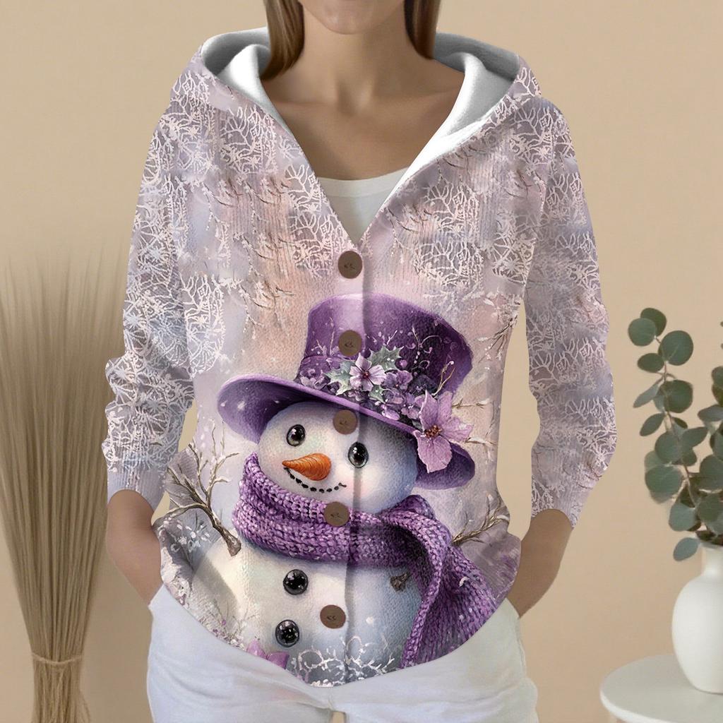 Women's Fashion Casual Sweater Button-Up Print Cardigan  Hooded Jacket