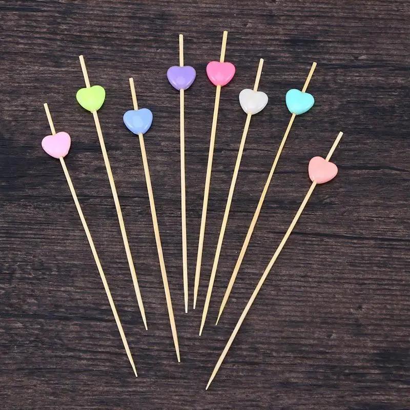 100 Pcs 12cm Cocktail Picks Creative Handmade Heart Shape Bead Appetizer Picks Fruit Toothpicks Party Supplies