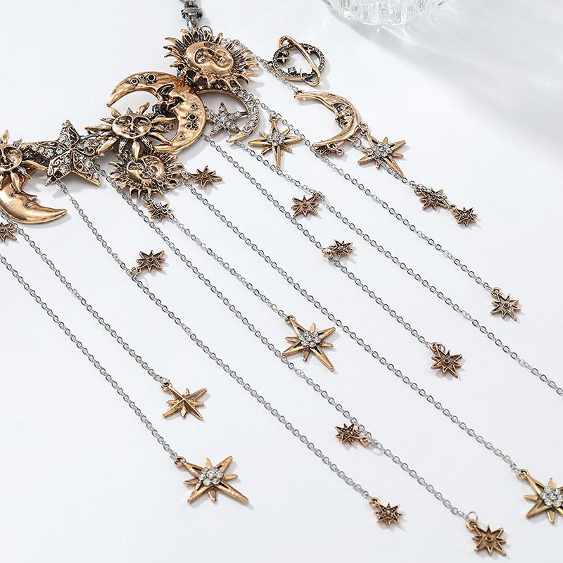 Exaggerated Multi-Layered Tassel Pendant Necklace With Moon Star Sun And Full Diamond Design For Women In Boho Style