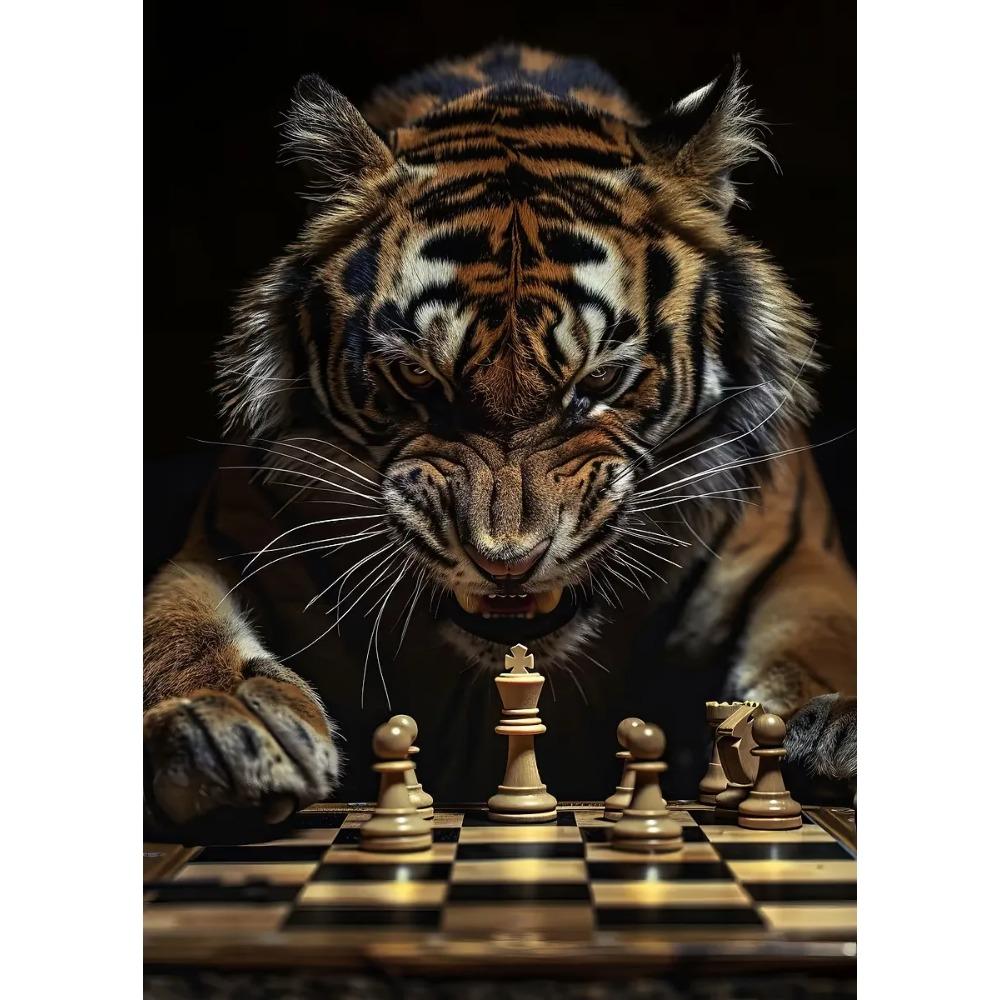 Tiger Vs Lion Chess Raccoon Chimpanzee Bear Leopard Canvas Painting Poster Print Motivational Wall Art Pictures Room Home Decor
