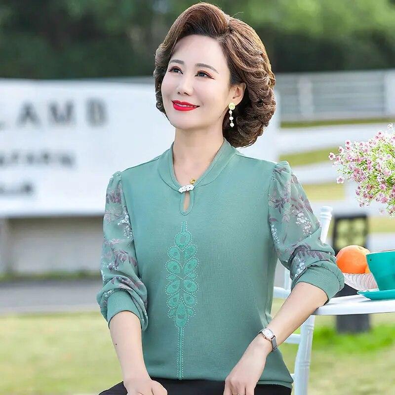 Korejská dámská móda Volné tričko Jaro Léto Stojáček Gáza Dlouhý rukáv Oblečení velkých velikostí Květinové Ležérní Základní