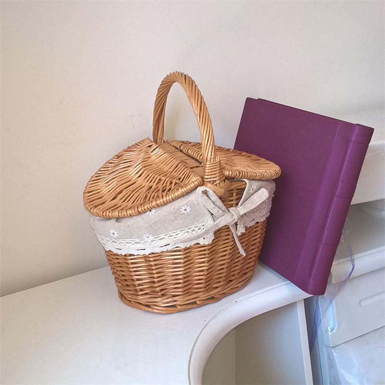 Handmade Wicker Willow Picnic Basket with Lid - Pastoral Style Storage and Fruit Basket
