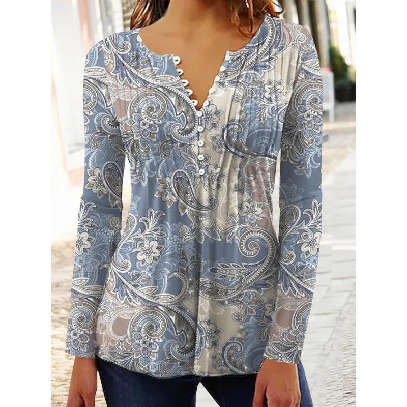 Spring and Summer Women's Blouse Fashion New Women's Floral Print V-neck Short-sleeved Pleated Buttons T-shirt