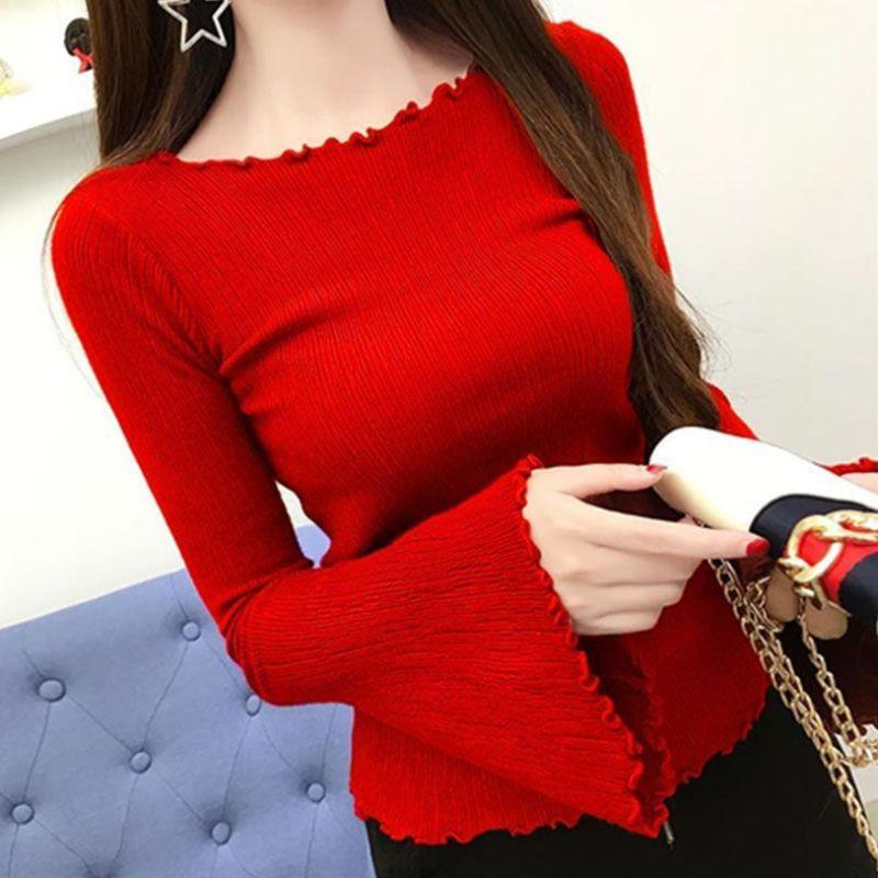 

Новая весенне-осенняя мода, простой однотонный эластичный облегающий топ с краем «деревянное ушко», вырезом «одна линия», рукавами-фонариками, трикотажной подкладкой S красный