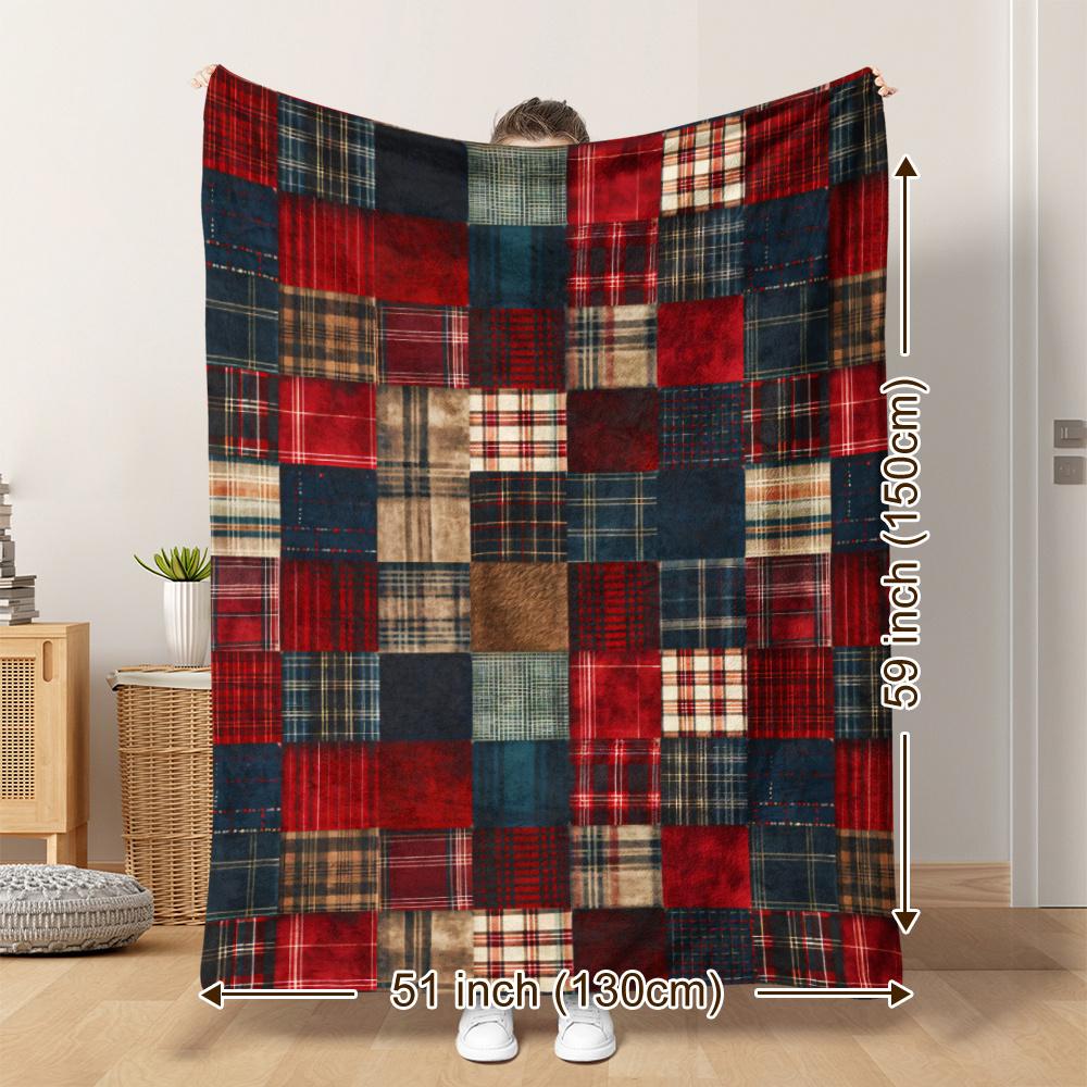 Vintage Karomuster Stepp-Flanell-Decke Gemütlich für alle Jahreszeiten Polyester Digitaldruck zum Nickerchen Camping Reisen Size: 75*100cm, Weight: 230 GSM