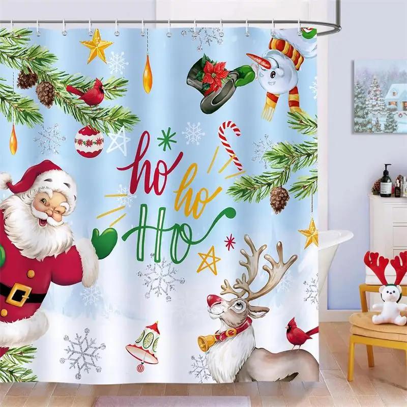 Christmas Shower Curtains Cute Elf Santa Claus Snowman Red Bird Xmas Tree Winter New Year Home Bathroom Curtain Decor With Hooks