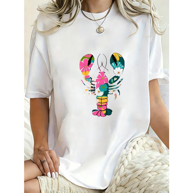 Übergroßes T-Shirt-Kleid Schwarz Bunter Hummer-Print Sommer Freizeitkleidung