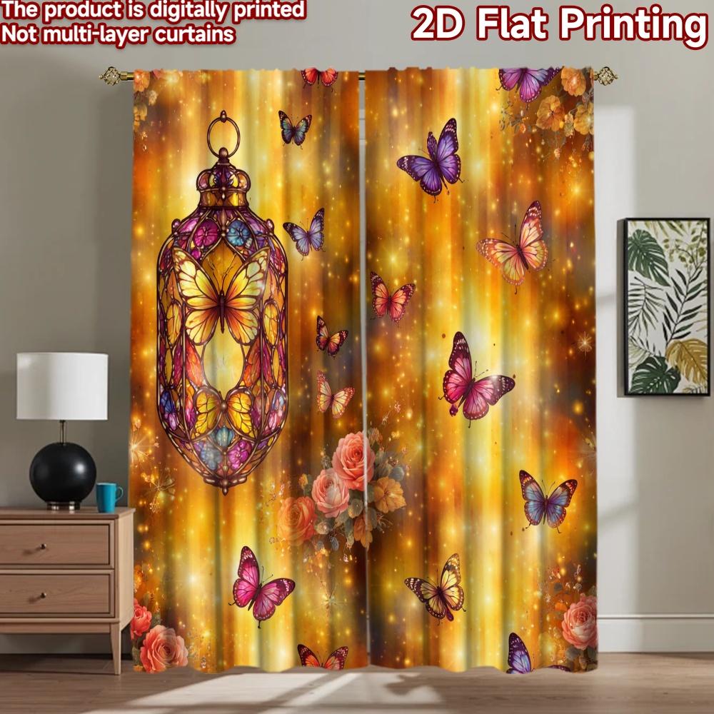 2D flat printing 2pcs Curtain Window Curtains Butterflies and Roses Glow Digital Printed Polyester Drapes Party Decorations Use 60×150cm(23.6×59in)